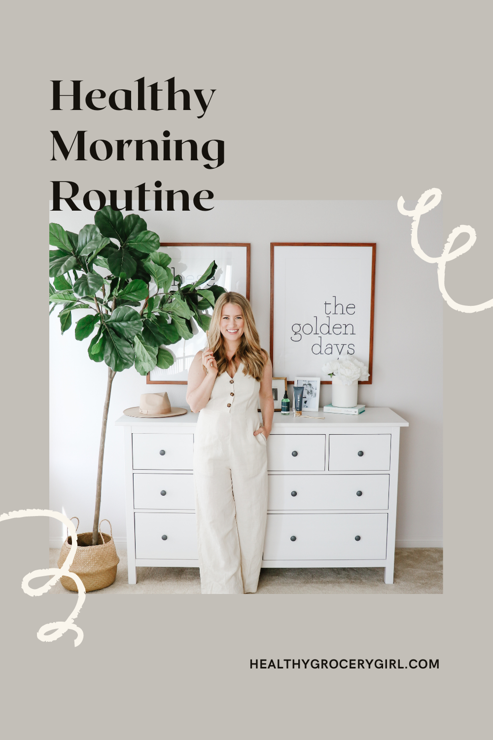 Woman standing in front of Ikea dresser with natural sustainable oral care sharing about her morning routine